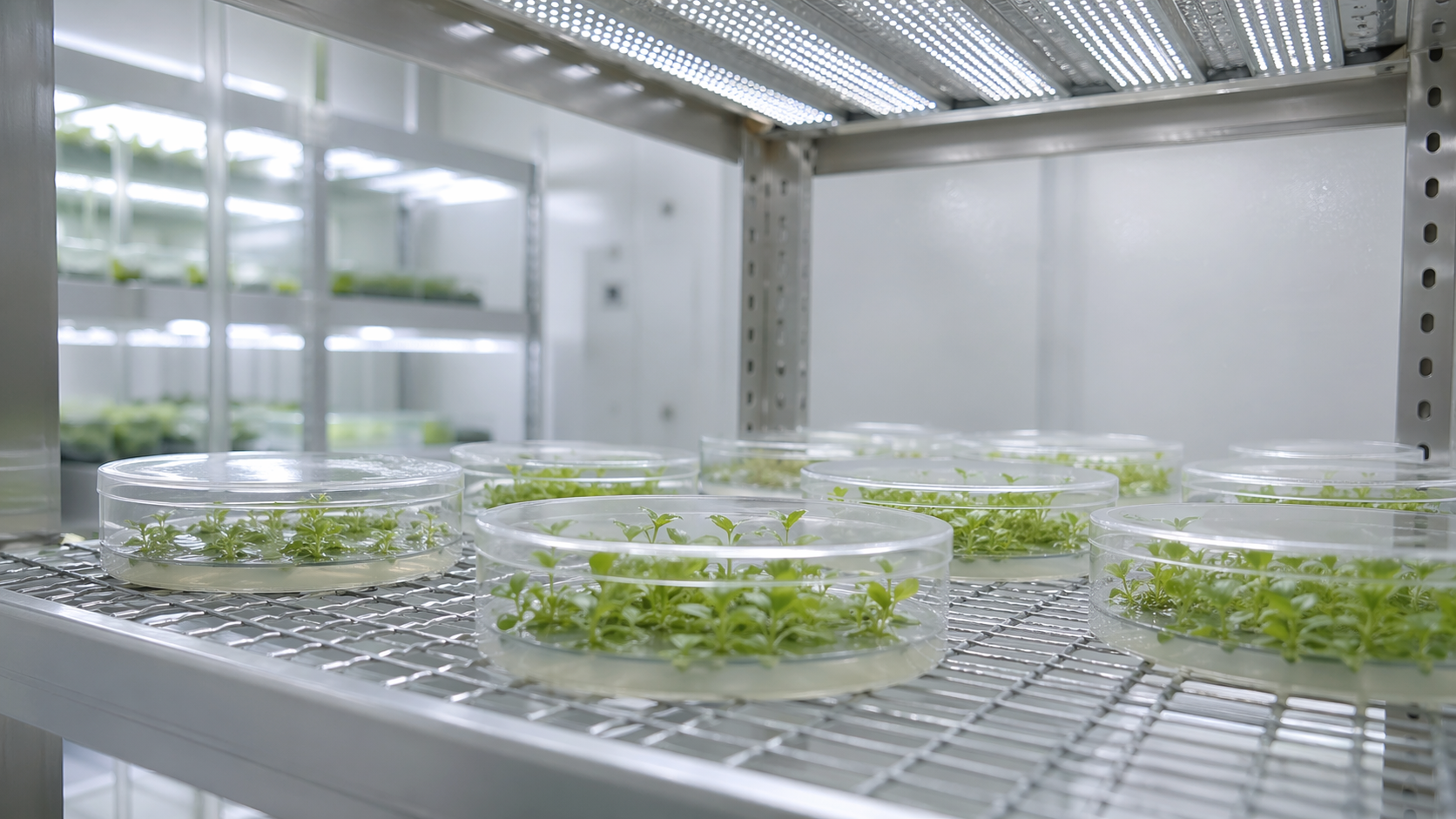 Plant growth chamber with culture dishes containing young shoots